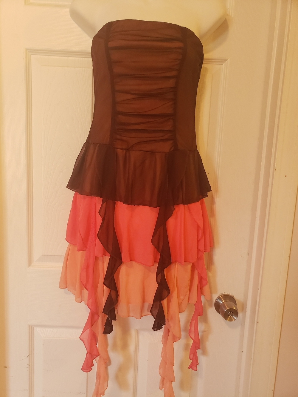 Strapless Tiered Ruffle Dress in Chocolate Brown and Coral Size Medium